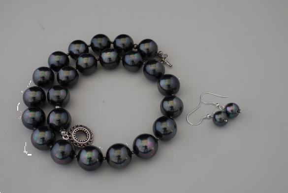 Grote foto zwart grijze shellpearls ketting oorhanger set sieraden tassen en uiterlijk kettingen