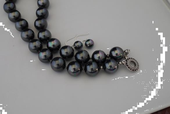 Grote foto zwart grijze shellpearls ketting oorhanger set sieraden tassen en uiterlijk kettingen