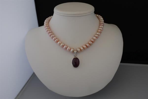 Grote foto zalmkleurige zoetwater parel ketting oorhanger set sieraden tassen en uiterlijk kettingen