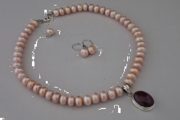 Grote foto zalmkleurige zoetwater parel ketting oorhanger set sieraden tassen en uiterlijk kettingen