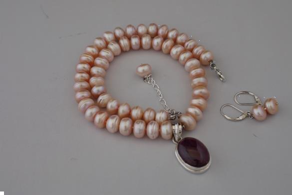 Grote foto zalmkleurige zoetwater parel ketting oorhanger set sieraden tassen en uiterlijk kettingen