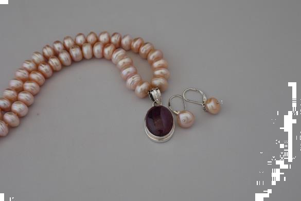Grote foto zalmkleurige zoetwater parel ketting oorhanger set sieraden tassen en uiterlijk kettingen