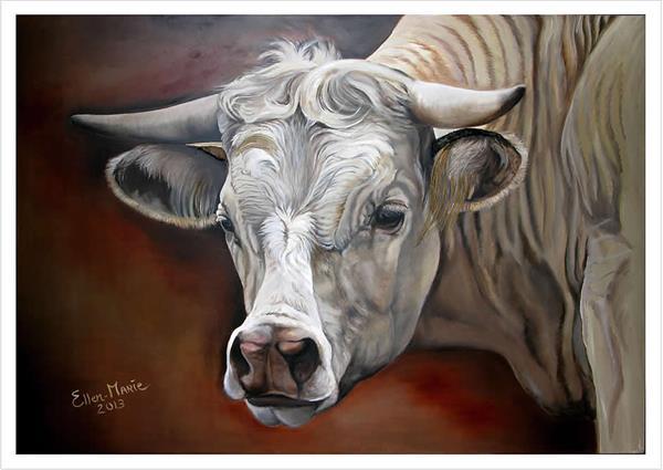 Grote foto olieverfschilderij van een koe op hout huis en inrichting kunst