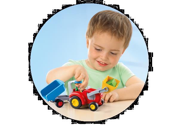 Grote foto playmobil 1.2.3 6964 boer met tractor en aanhangwagen kinderen en baby duplo en lego