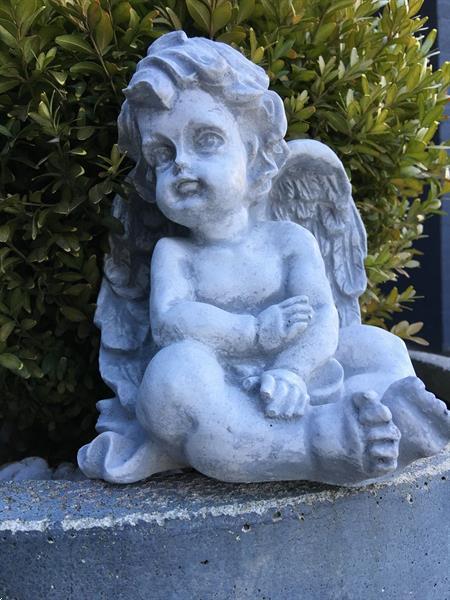 Grote foto zittende engel uit vol steen prachtig om te zien tuin en terras tuindecoratie