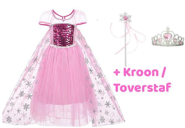 Grote foto frozen elsa deluxe roze verkleedjurk staf kroon kleding dames verkleedkleding