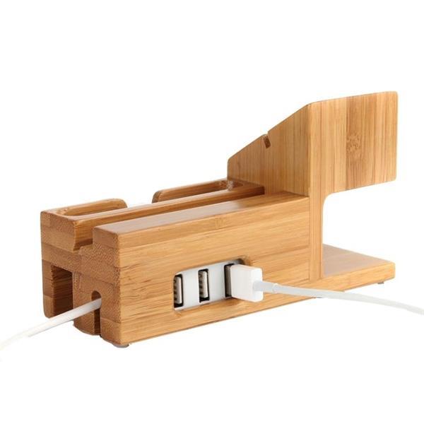 Grote foto 2 in 1 bamboo wooden charger holder with usb cable for apple telecommunicatie opladers en autoladers