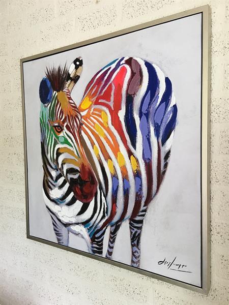 Grote foto prachtig olieverf doek van een zebra in moderne kleurstellin huis en inrichting woningdecoratie