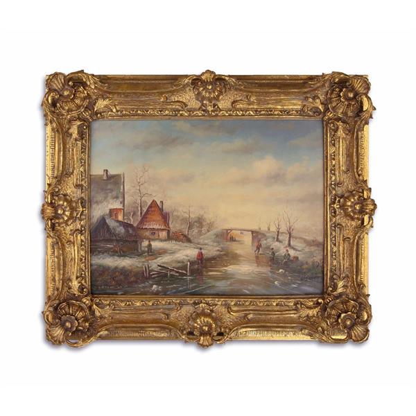Grote foto olieverf schilderij in lijst oud winters landschap. huis en inrichting woningdecoratie