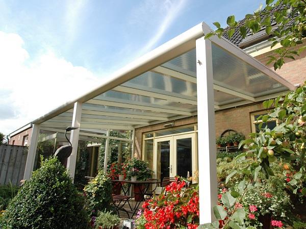 Grote foto profiline veranda 400x400 cm polycarbonaat dak tuin en terras tegels en terrasdelen