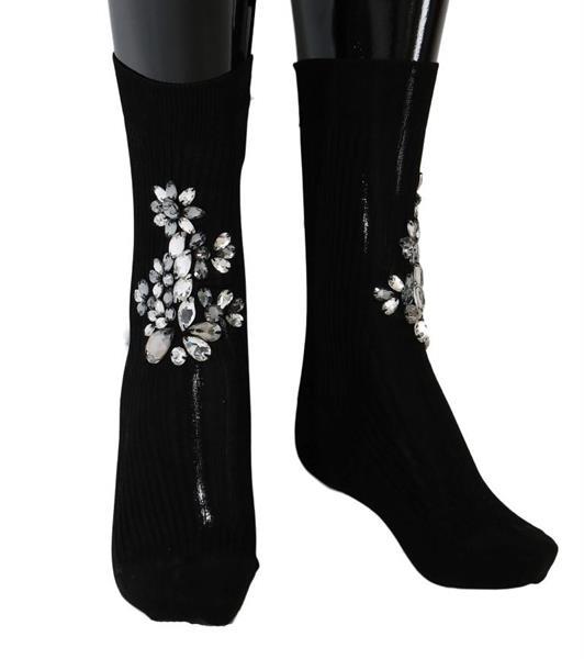 Grote foto dolce gabbana black knitted floral clear crystal socks m kleding dames sokken en kousen