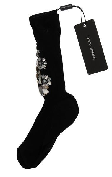 Grote foto dolce gabbana black knitted floral clear crystal socks m kleding dames sokken en kousen