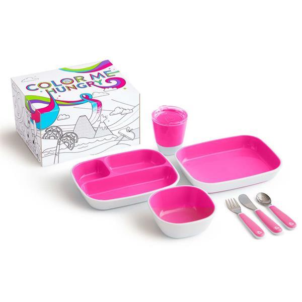 Grote foto munchkin 7 delige eetset color me hungry roze kinderen en baby kraamcadeaus en geboorteborden