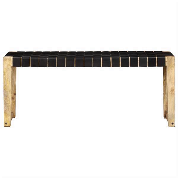 Grote foto vidaxl bankje 110 cm echt leer en massief mangohout zwart huis en inrichting overige huis en inrichting