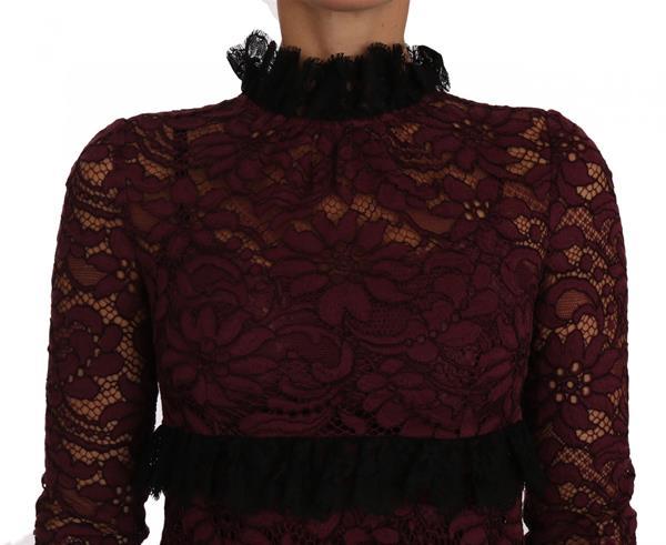 Grote foto dolce gabbana black floral lace burgundy gown mock collar kleding dames jurken en rokken