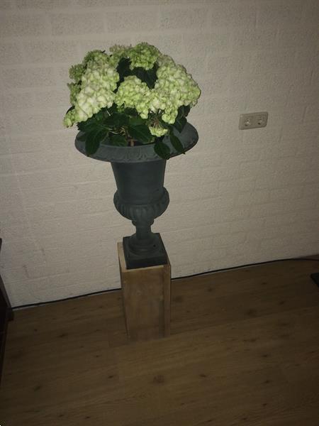 Grote foto tuinvaas groot gietijzer op houten sokkel zuil tuin en terras bloempotten
