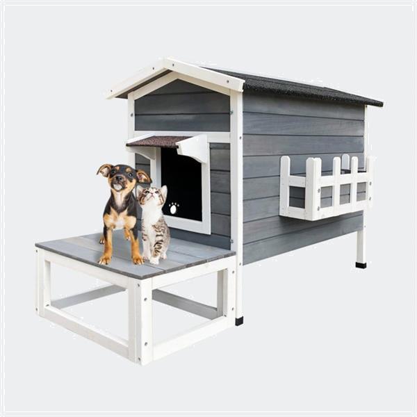 Grote foto hondenhok huisje met terras binnen buiten hout dieren en toebehoren hondenhokken en kooien
