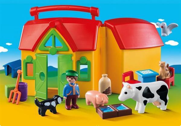 Grote foto playmobil 1.2.3 6962 meeneemboerderij met dieren kinderen en baby duplo en lego