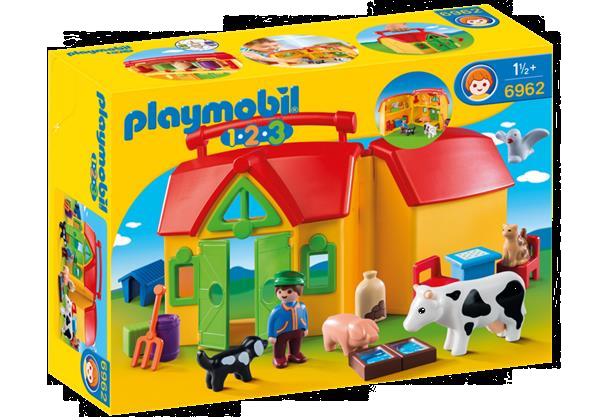 Grote foto playmobil 1.2.3 6962 meeneemboerderij met dieren kinderen en baby duplo en lego