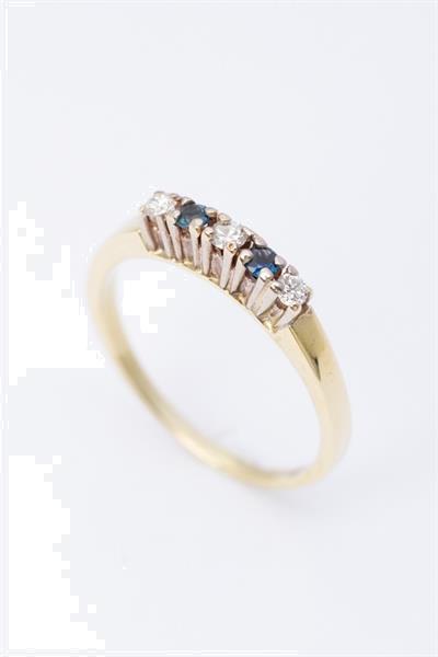 Grote foto gouden rij ring met 3 briljanten en 2 saffieren sieraden tassen en uiterlijk ringen voor haar