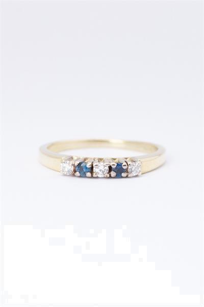 Grote foto gouden rij ring met 3 briljanten en 2 saffieren sieraden tassen en uiterlijk ringen voor haar