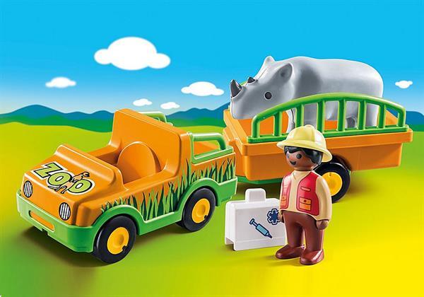 Grote foto playmobil 70182 1.2.3 dierenverzorger met neushoorn kinderen en baby duplo en lego
