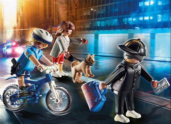 Grote foto playmobil city action 70573 politiefiets achtervolging van kinderen en baby duplo en lego