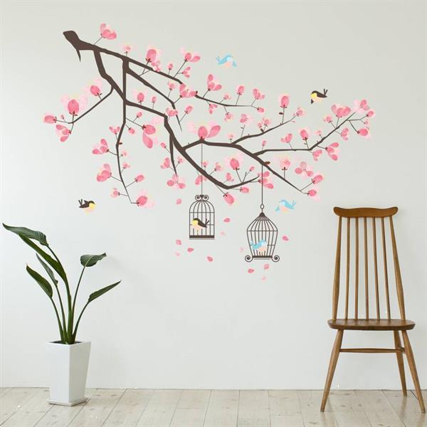 Grote foto muursticker tak met kersenbloesem en vogelkooitjes huis en inrichting woningdecoratie