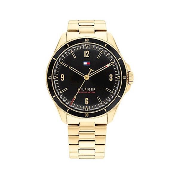 Grote foto tommy hilfiger maverick goudkleurig heren horloge met zwarte kleding dames horloges