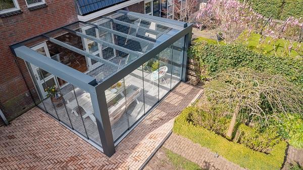 Grote foto cube veranda 400x300 cm glasdak tuin en terras tegels en terrasdelen