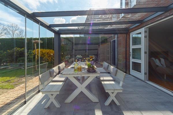 Grote foto cube veranda 500x350 cm glasdak tuin en terras tegels en terrasdelen