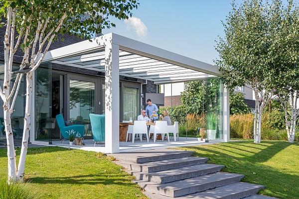 Grote foto cube veranda 500x400 cm glasdak tuin en terras tegels en terrasdelen