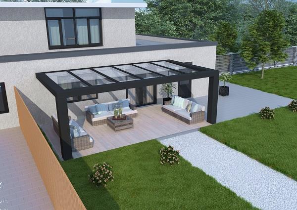 Grote foto cube veranda 600x400 cm glasdak tuin en terras tegels en terrasdelen