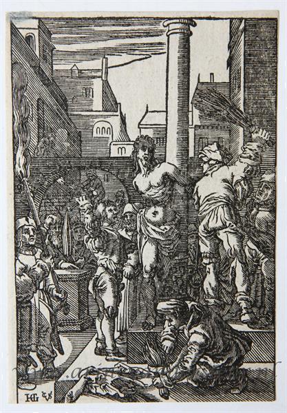 Grote foto woodcut houtsnede ecce homo christ at the column biblia antiek en kunst boeken en bijbels