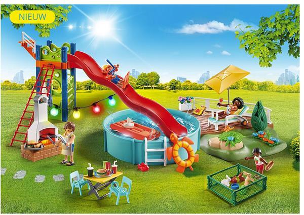 Grote foto playmobil city life 70987 zwembadfeest met glijbaan kinderen en baby duplo en lego