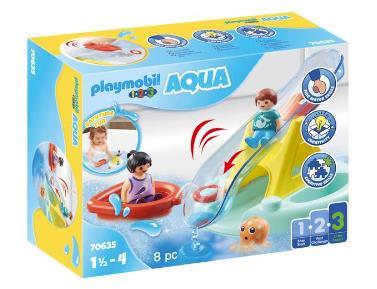 Grote foto playmobil 1.2.3 aqua 70635 zwemeiland met waterglijbaan kinderen en baby duplo en lego