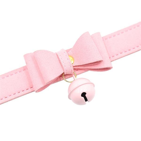 Grote foto pu leren halsband met strik en kattenbel roze erotiek sm artikelen