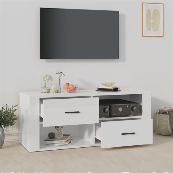Grote foto vidaxl meuble tv blanc brillant 100x35x40 cm bois d ing nier huis en inrichting overige