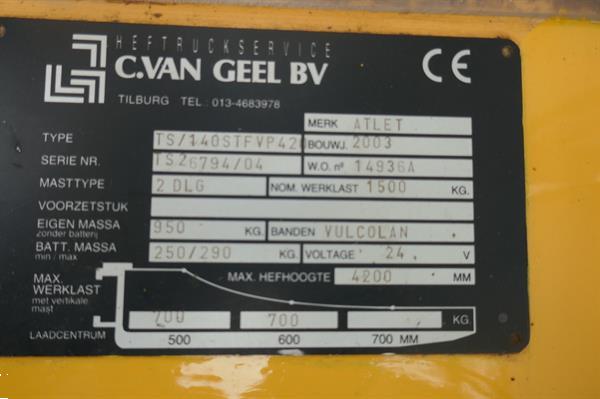 Grote foto vs 21006 bj2003 elektrische stapelaar atlet 4.200mm freelift doe het zelf en verbouw hefwerktuigen