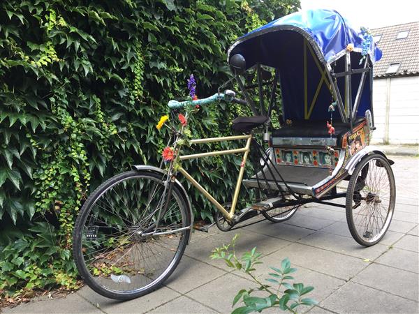 Grote foto riksja driewieler blauwe huif gerestaureerd fietsen en brommers driewielers