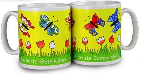 Grote foto communie bekers met rups vlieger of vlinder diversen cadeautjes en bonnen