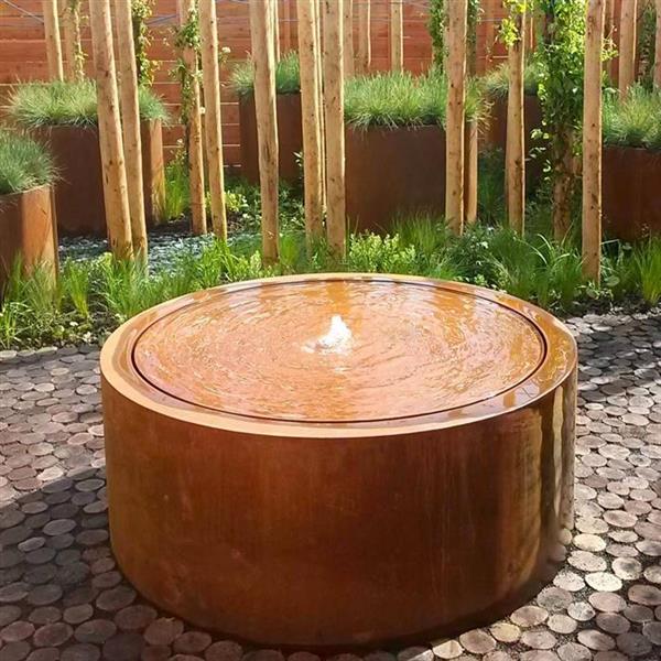 Grote foto cortenstaal watertafel rond adezz cbr4 met 1 fontein en ledverlichting 145x40 cm. tuin en terras overige tuin en terras