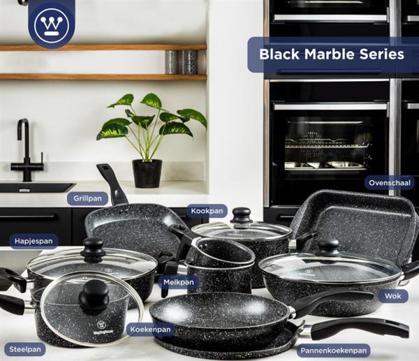 Grote foto westinghouse wokpan inductie 30 cm zwart marmer met deksel pfoa vrij verpakking beschadig huis en inrichting kookgerei