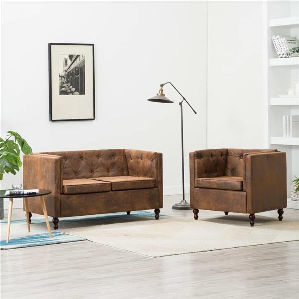 Grote foto bankstel chesterfield stijl su de look stoffen bekleding bruin 2 delig huis en inrichting bankstellen