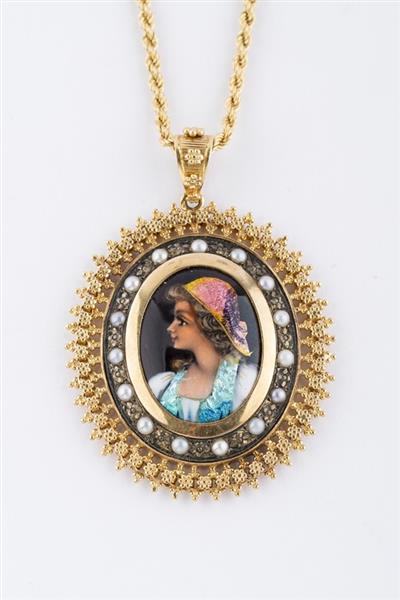 Grote foto gouden hanger met emaille peinture kleding dames sieraden