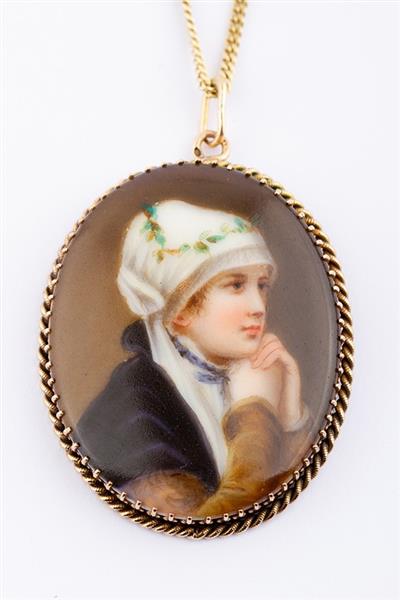 Grote foto antiek geschilderd portret op porselein kleding dames sieraden