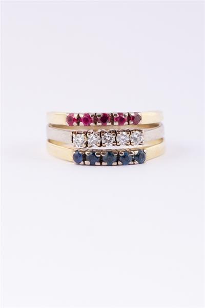 Grote foto gouden rij ring met saffieren robijnen en briljanten kleding dames sieraden