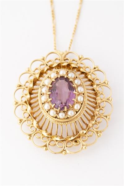 Grote foto gouden broche hanger met amethist en parels kleding dames sieraden