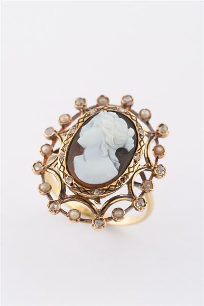 Grote foto antieke gouden ring met schelp cam e parels en diamanten kleding dames sieraden