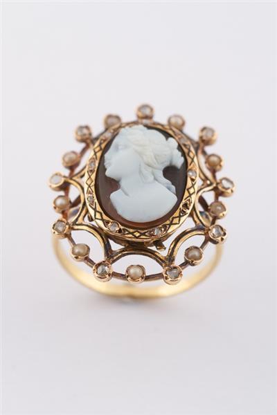 Grote foto antieke gouden ring met schelp cam e parels en diamanten kleding dames sieraden